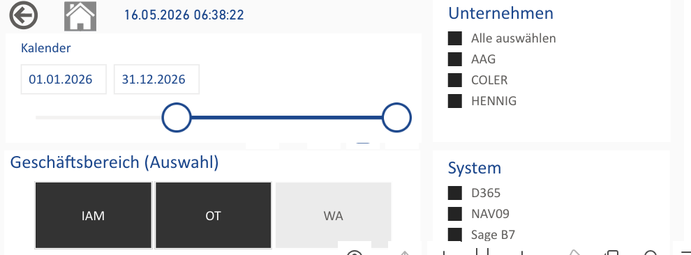 Filter-Panel mit Kalender, Geschäftsbereich und Unternehmen